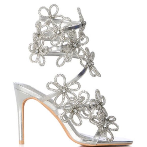 AZALEA WANG"SCULPTED PERFECTION" SILVER FLOWER EMBELLISHED COIL SANDAL(BRAND NEW - Picture 8 of 11